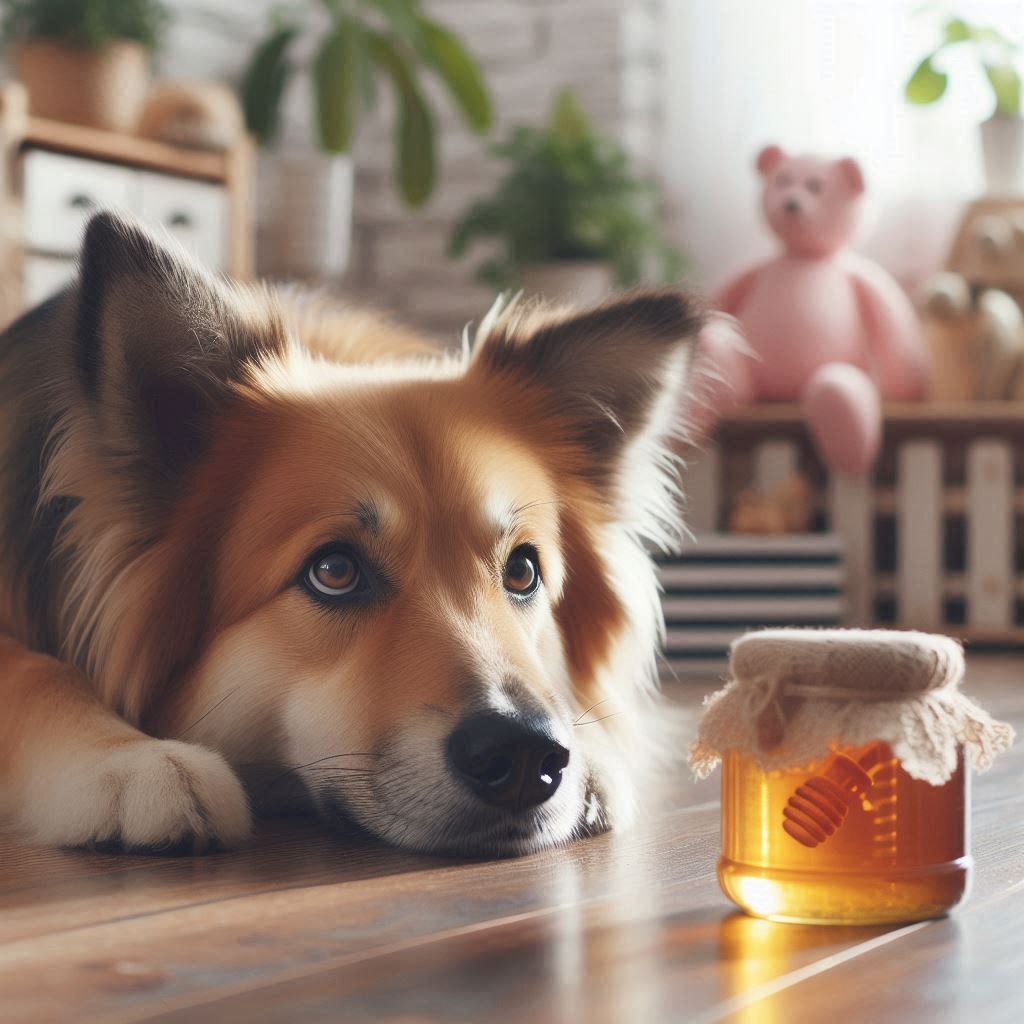 dog with a jar of honey